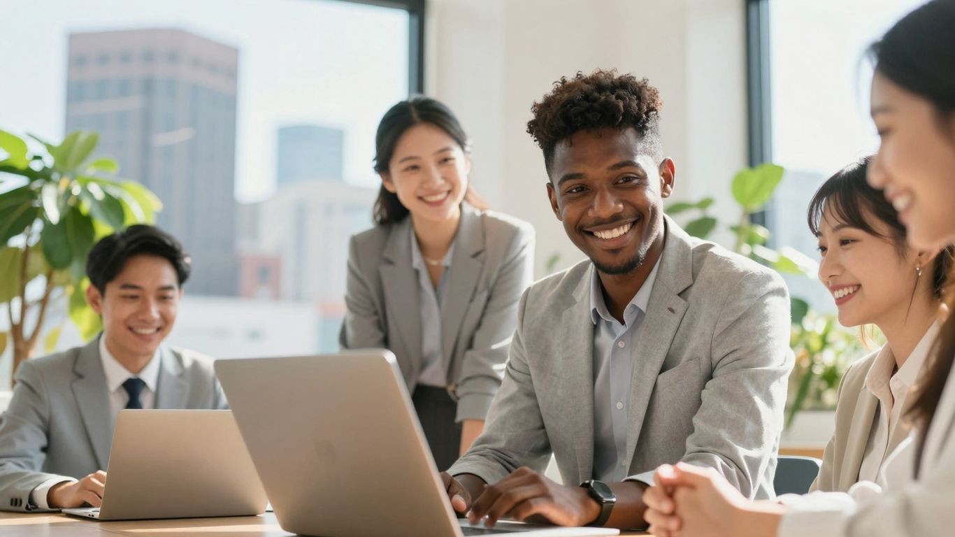 San Antonio skyline and business professionals collaborating.