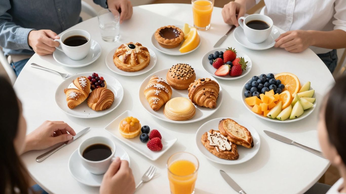 Breakfast meeting spread with pastries, fruit, and coffee.