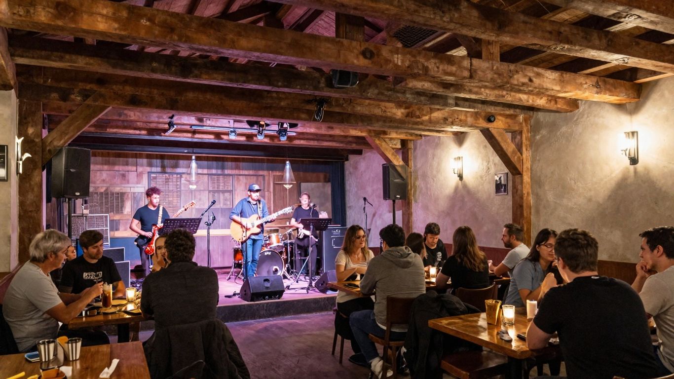 Interior of La Casona live music venue with stage.