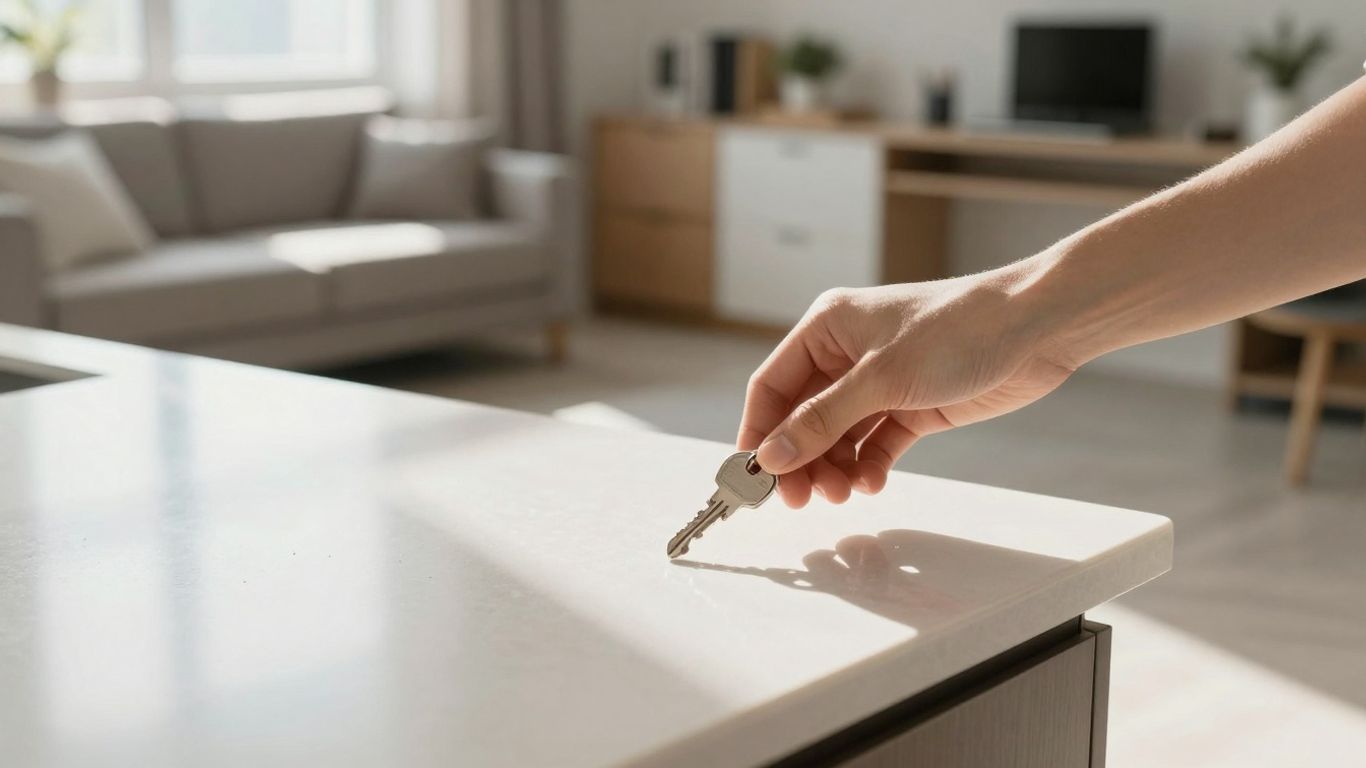 Clean apartment interior with a key on the counter.