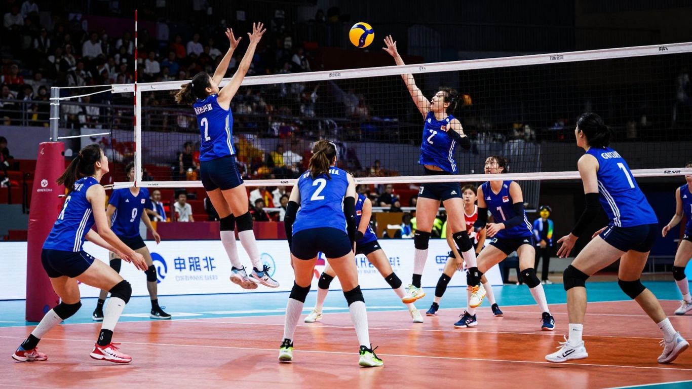 Jucători de volei în acțiune pe teren, sărind și lovind mingea.