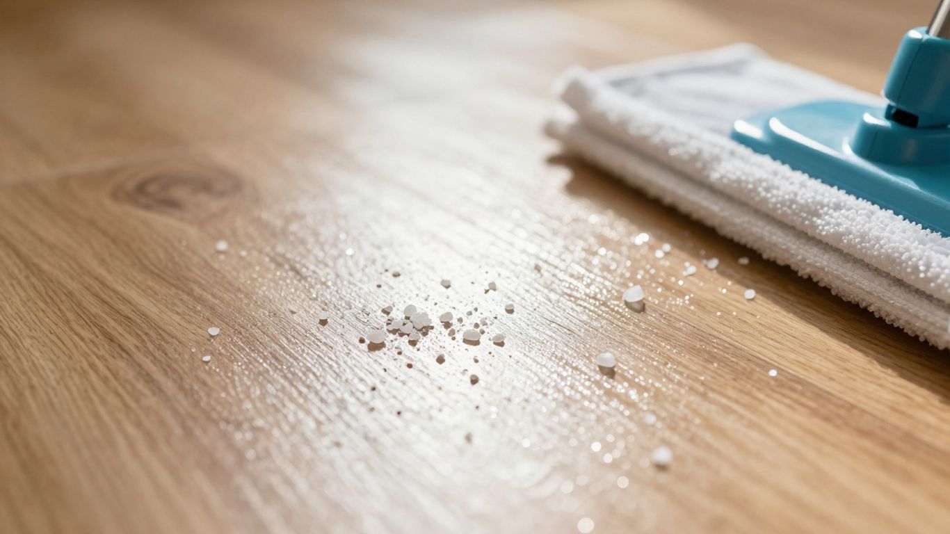 Sparkling clean floor with salt crystals and mop.
