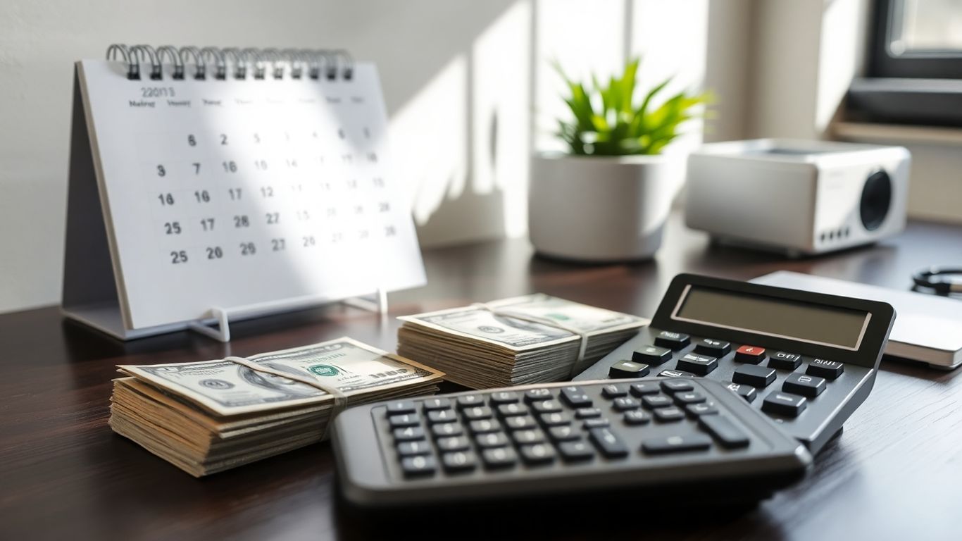 Retail calendar and money on a desk.