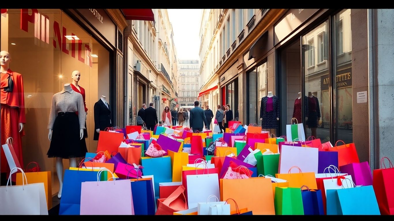 Événement soldes parisien avec sacs shopping et mode.