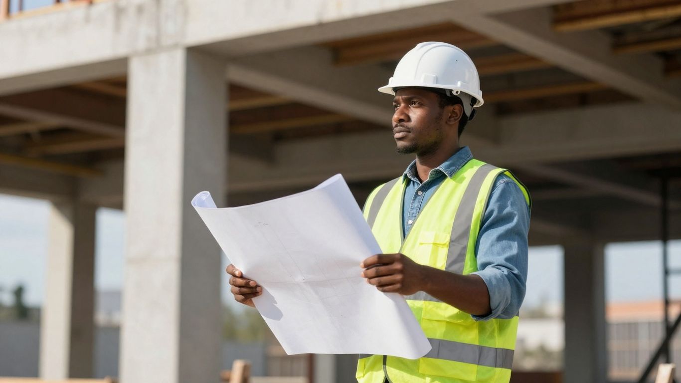 Bauarbeiter mit Bauplänen auf einer Baustelle.