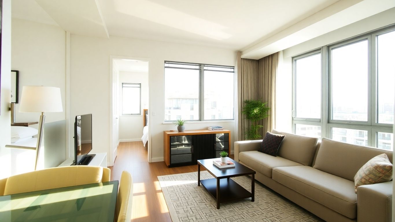 Modern apartment interior with sunlight and stylish furniture.