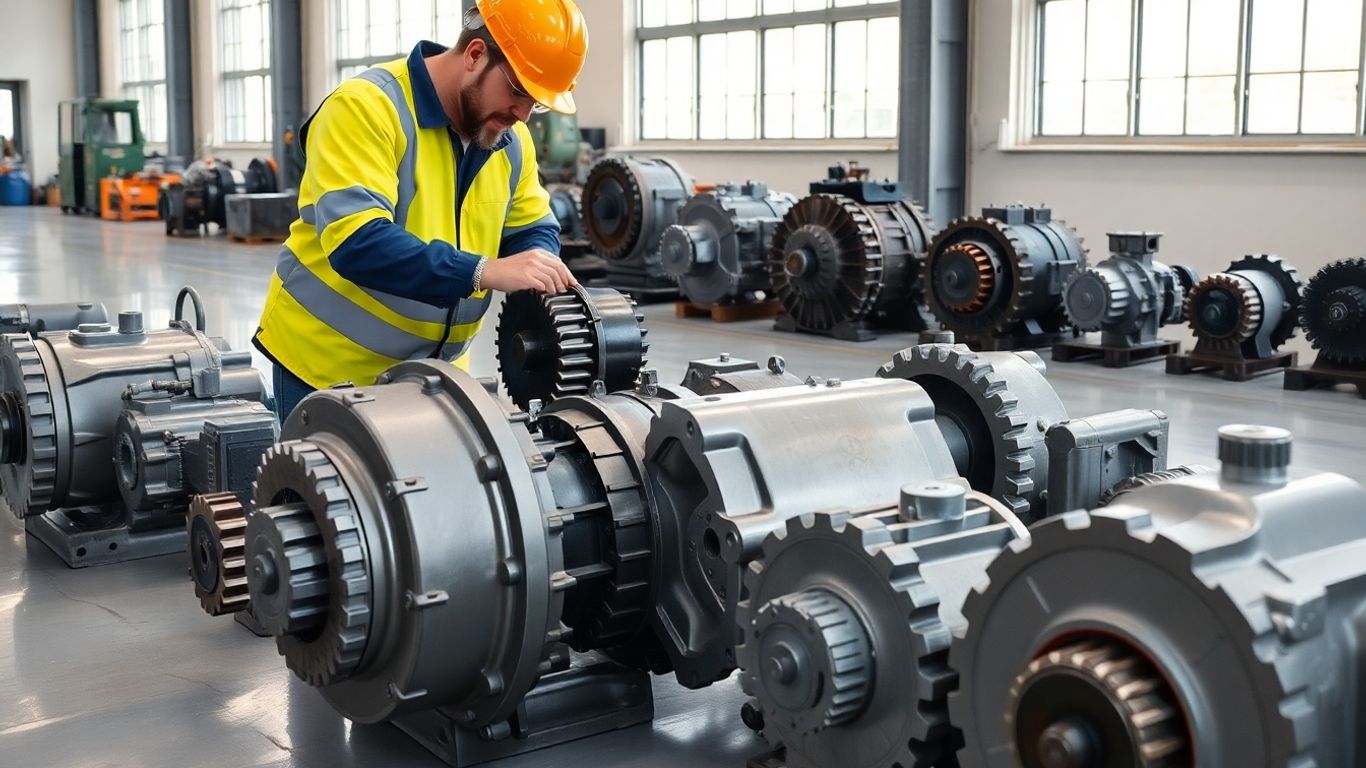 Person inspecting multiple gearboxes in a factory setting