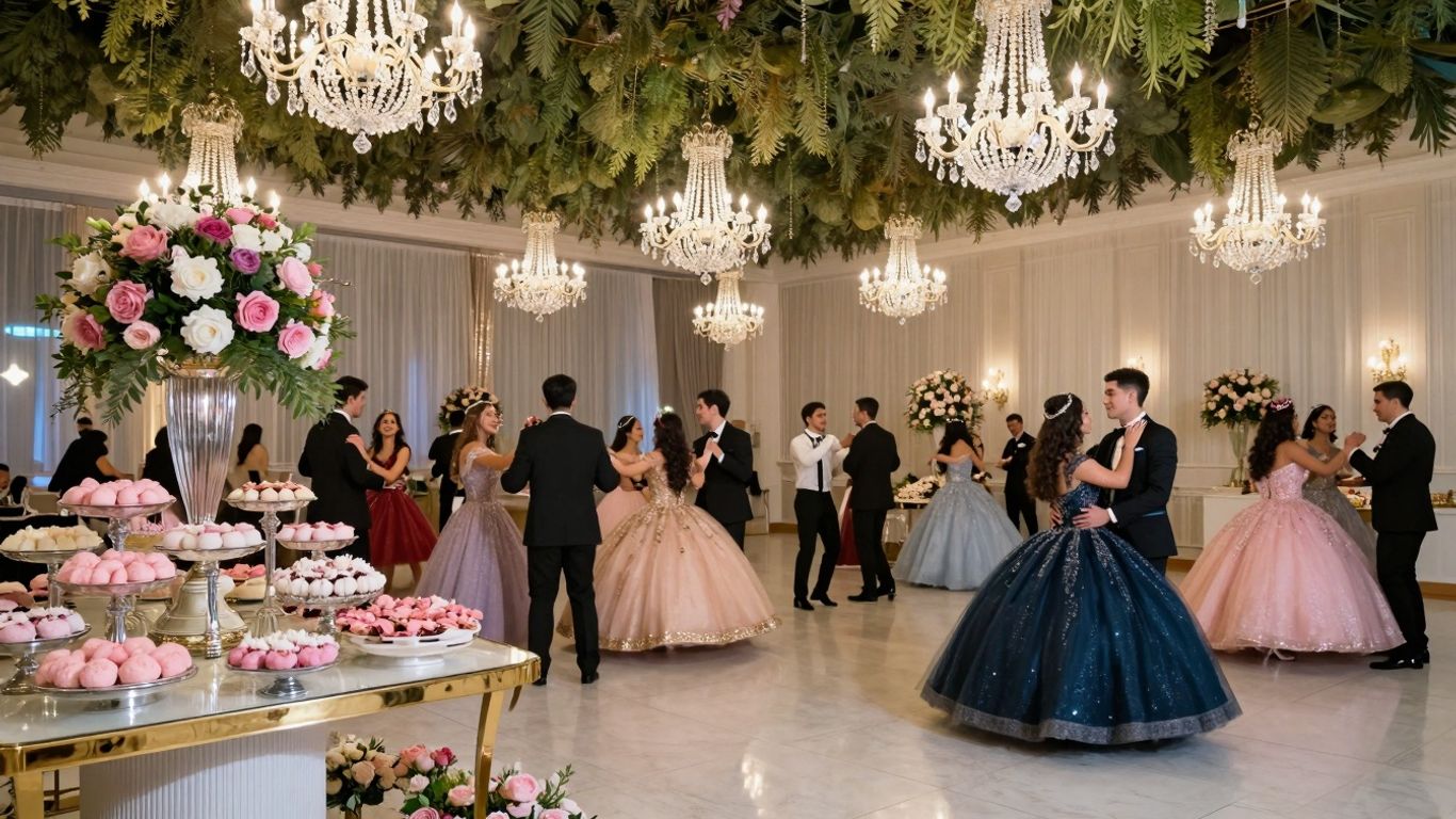 Elegant ballroom decorated for a stunning quinceañera celebration.