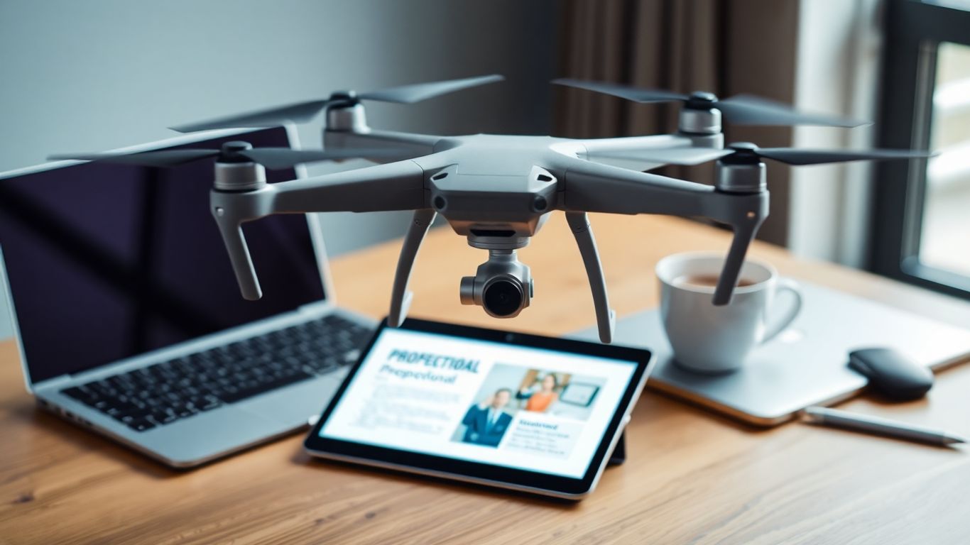 Drone hovering over a business proposal on a desk.