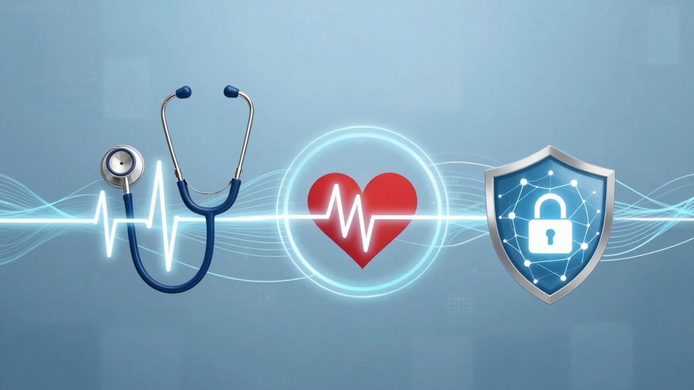 Healthcare IT infographic with digital health icons and network connections.