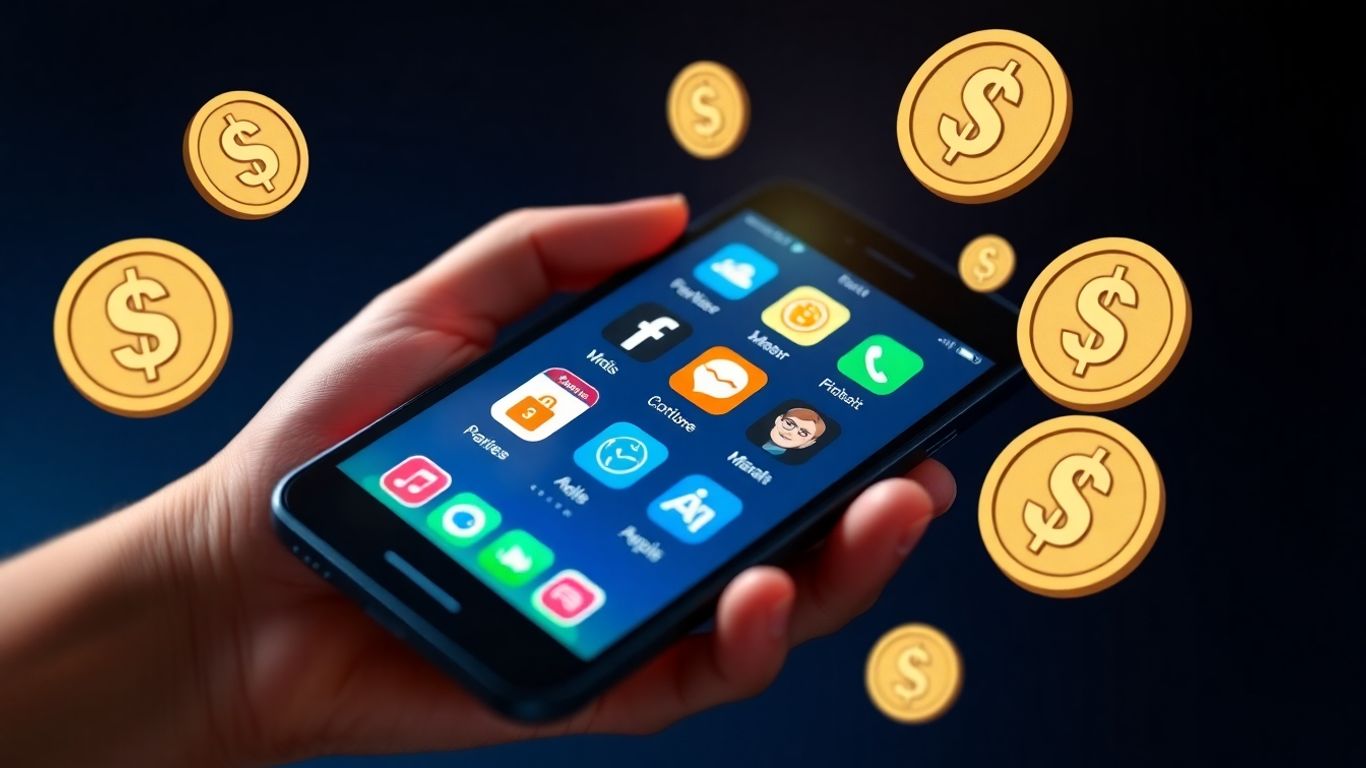 Celular mostrando aplicativos que pagam dinheiro