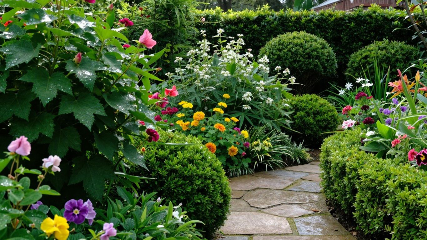 Lush garden with flowers, plants, and a stone path.