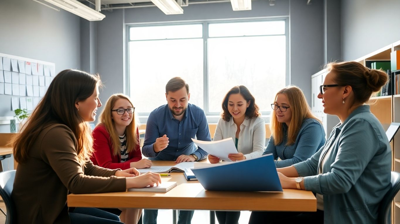 Lehrkr&auml;fte arbeiten zusammen in einem hellen Klassenzimmer.