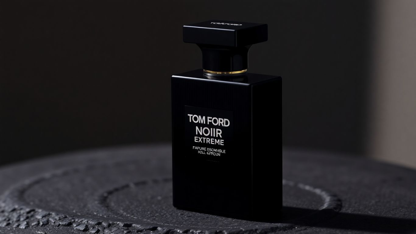 Tom Ford Noir Extreme perfume bottle on a dark, textured surface.