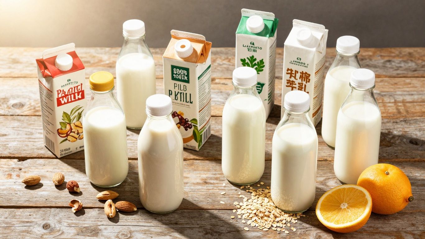 Pflanzliche Milchalternativen und Zutaten auf Holzhintergrund.