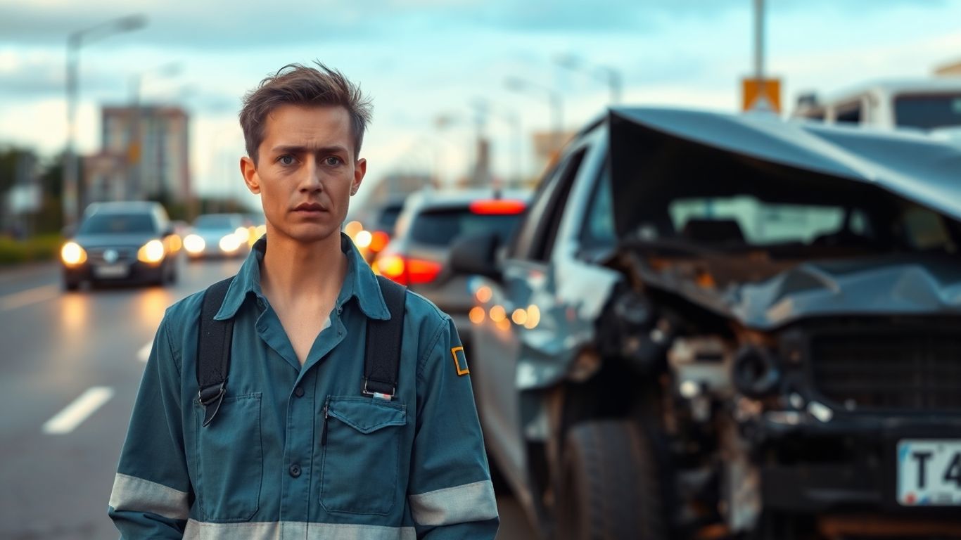 Pessoa preocupada perto de carro danificado na estrada.