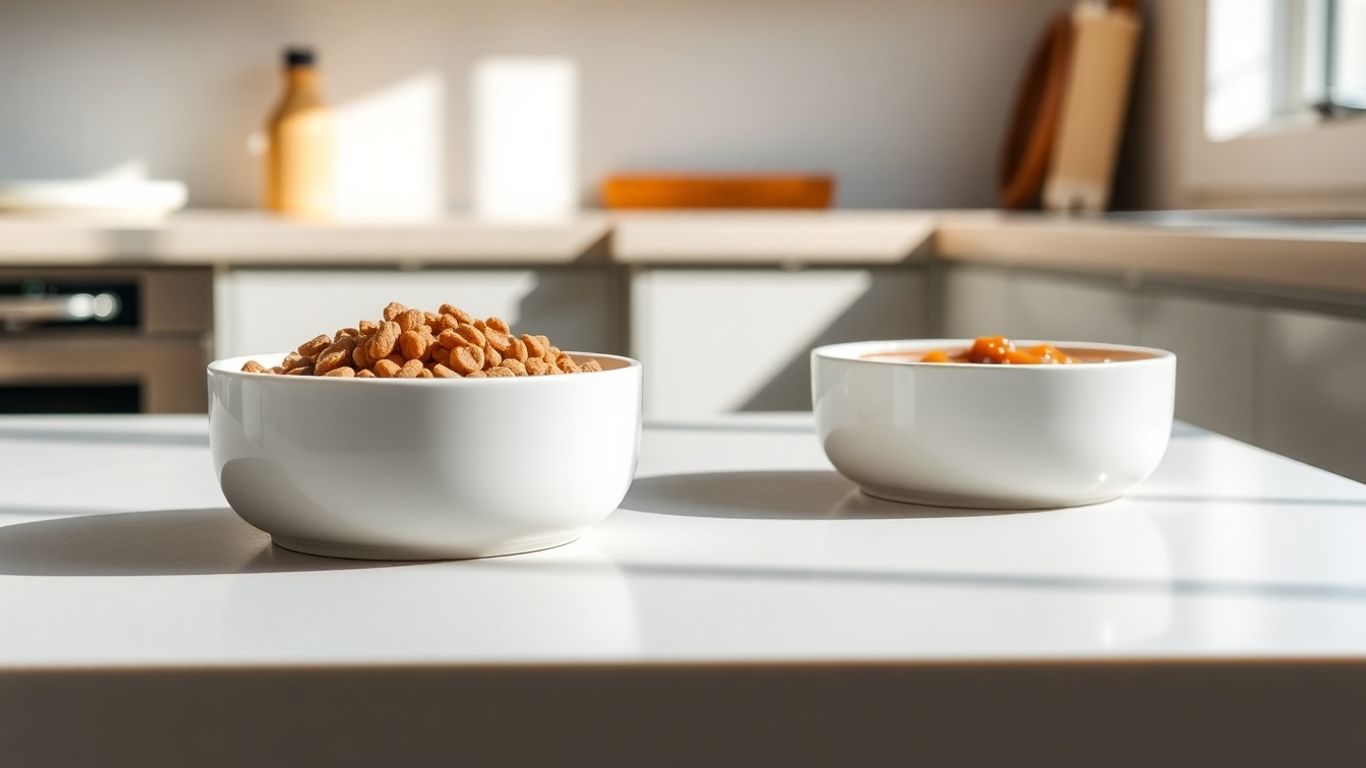 Two clean cat food bowls on a counter.