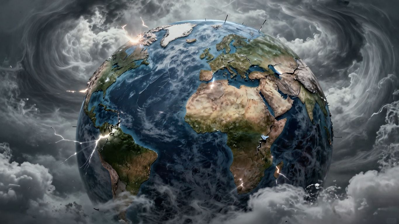 Fracturat glob pământesc cu furtuni și linii de lumină.