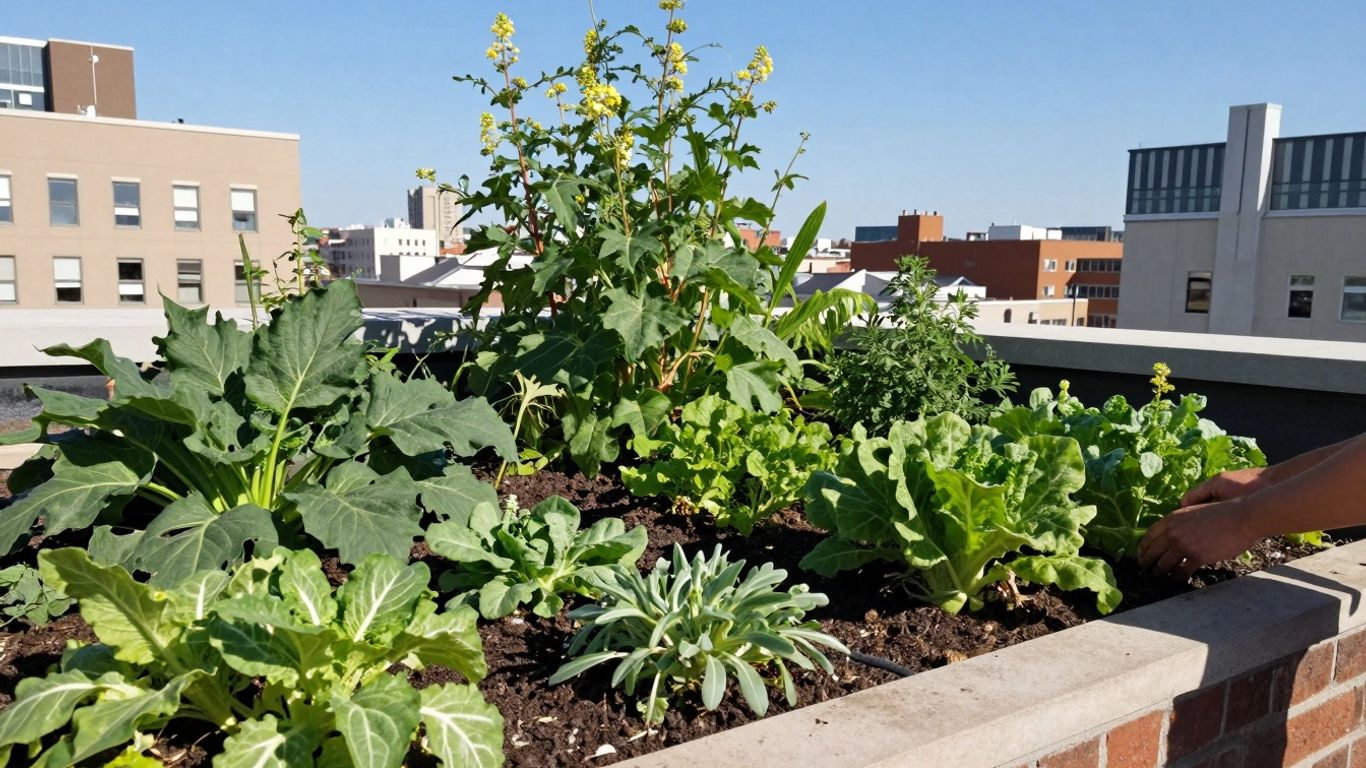 Grădină urbană pe acoperiș cu clădiri în fundal.