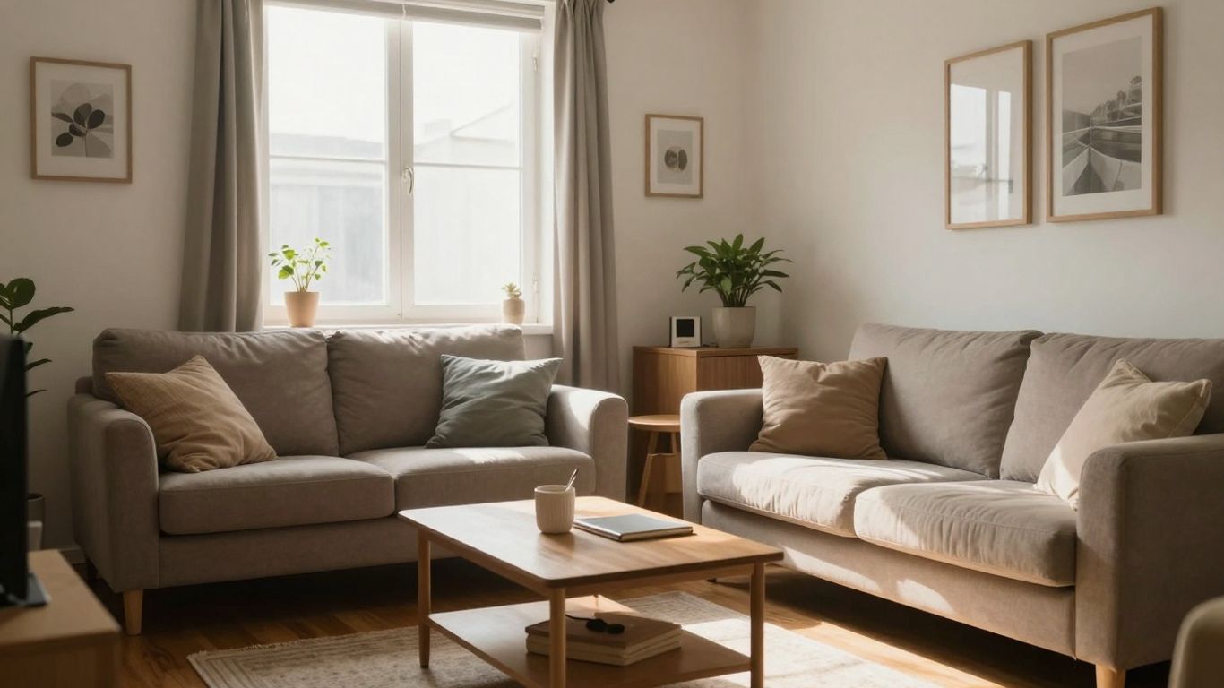Cozy apartment interior with sunlight and personal belongings.