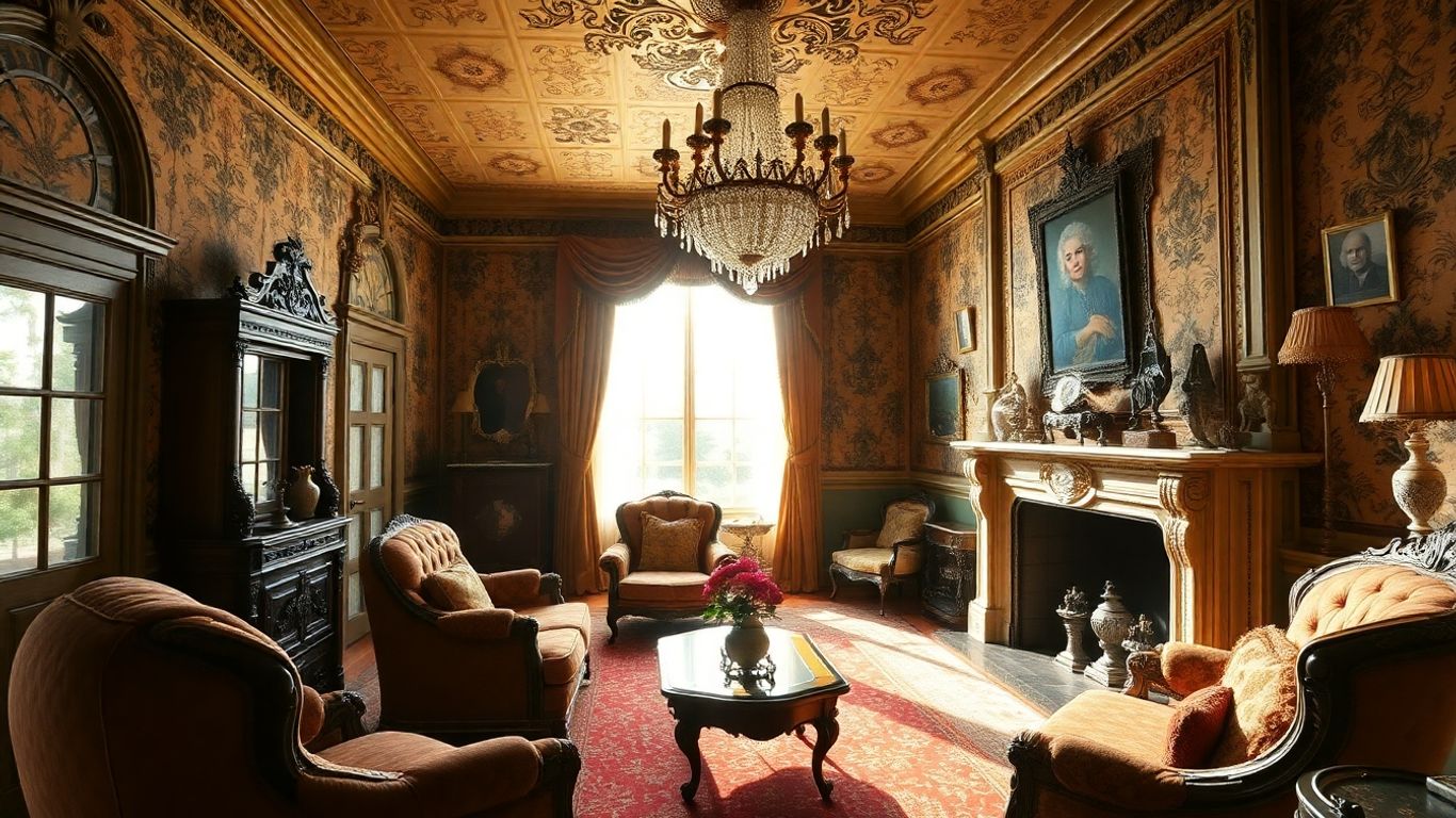 Ornate Victorian living room with antique furniture and decor.