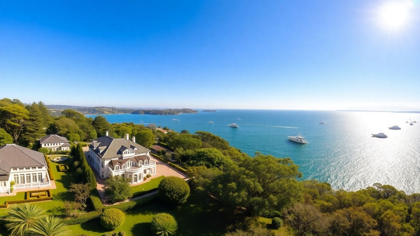 Vaucluse Sydney waterfront mansions and sparkling blue ocean.