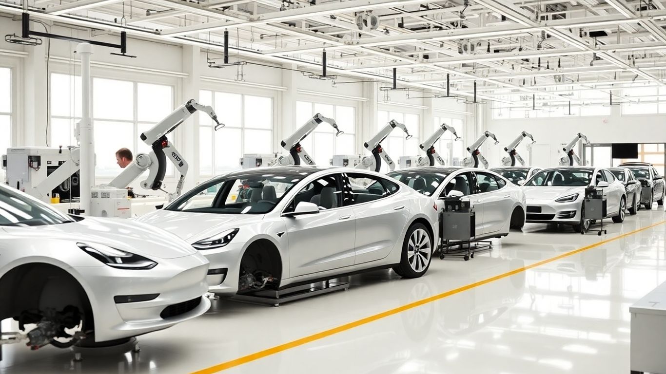 Tesla factory with robots assembling electric cars
