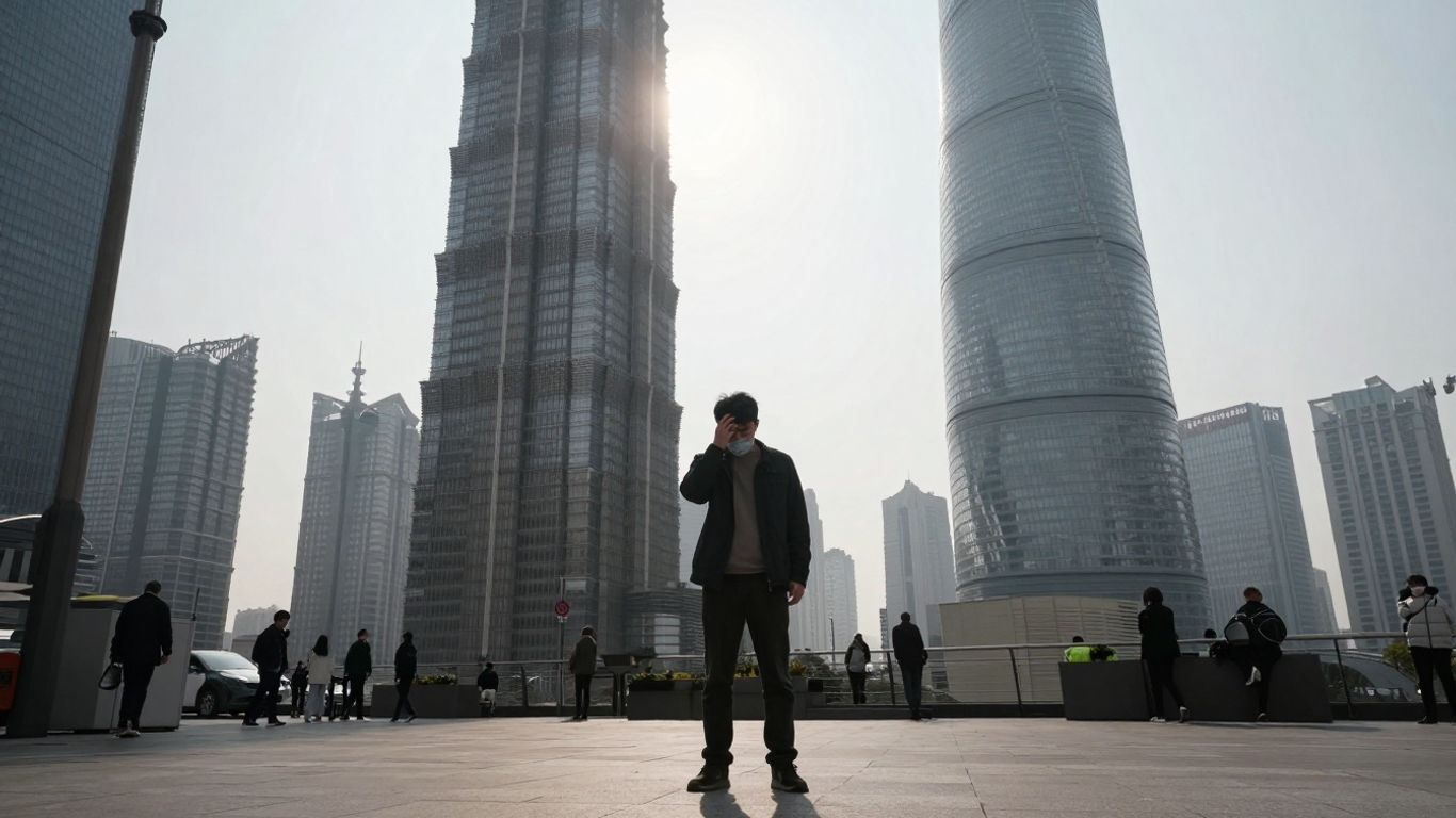 Expat in Shanghai facing towering buildings and unseen burdens.