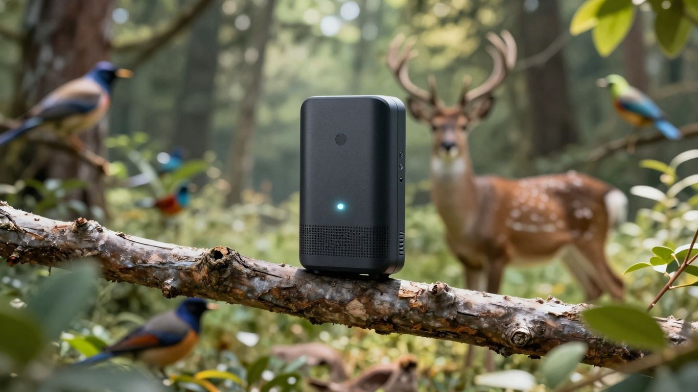 AI device in a forest listening to wildlife.