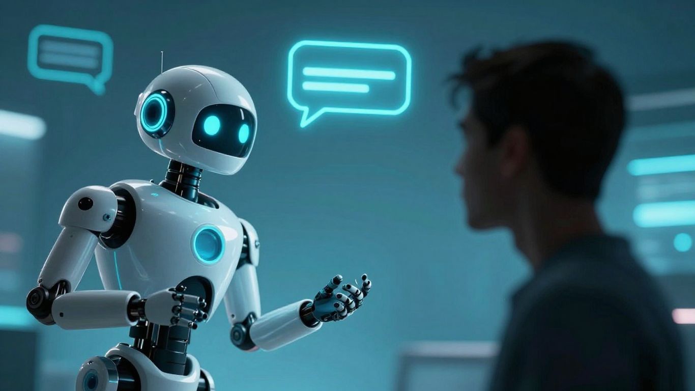 Robot and human chatting in a futuristic, game-like setting.