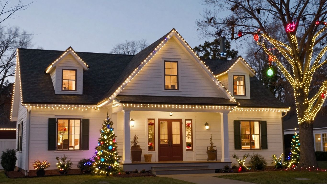 Professionally installed Christmas lights on a house exterior.