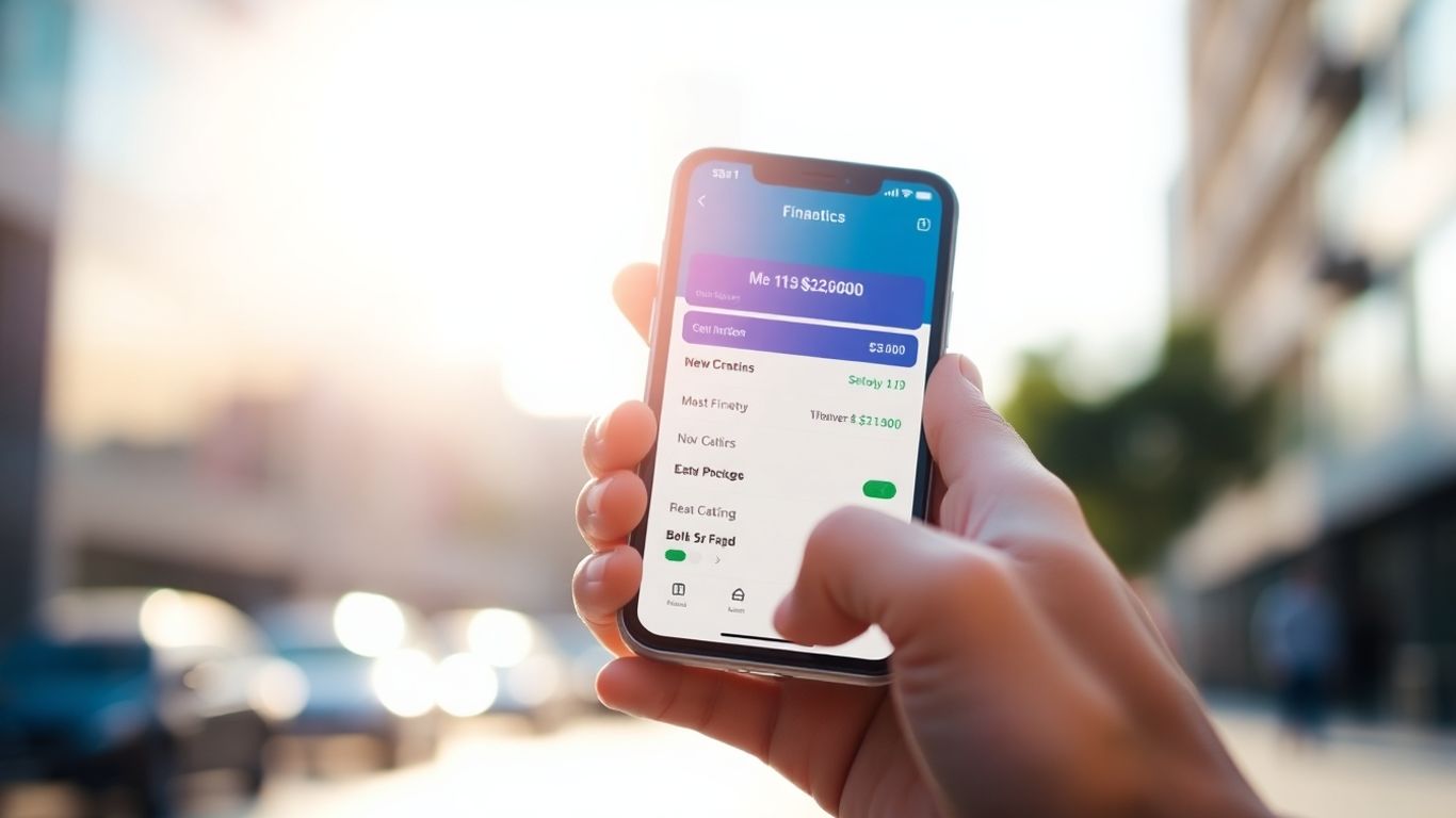 Manos sosteniendo un teléfono con una aplicación financiera.