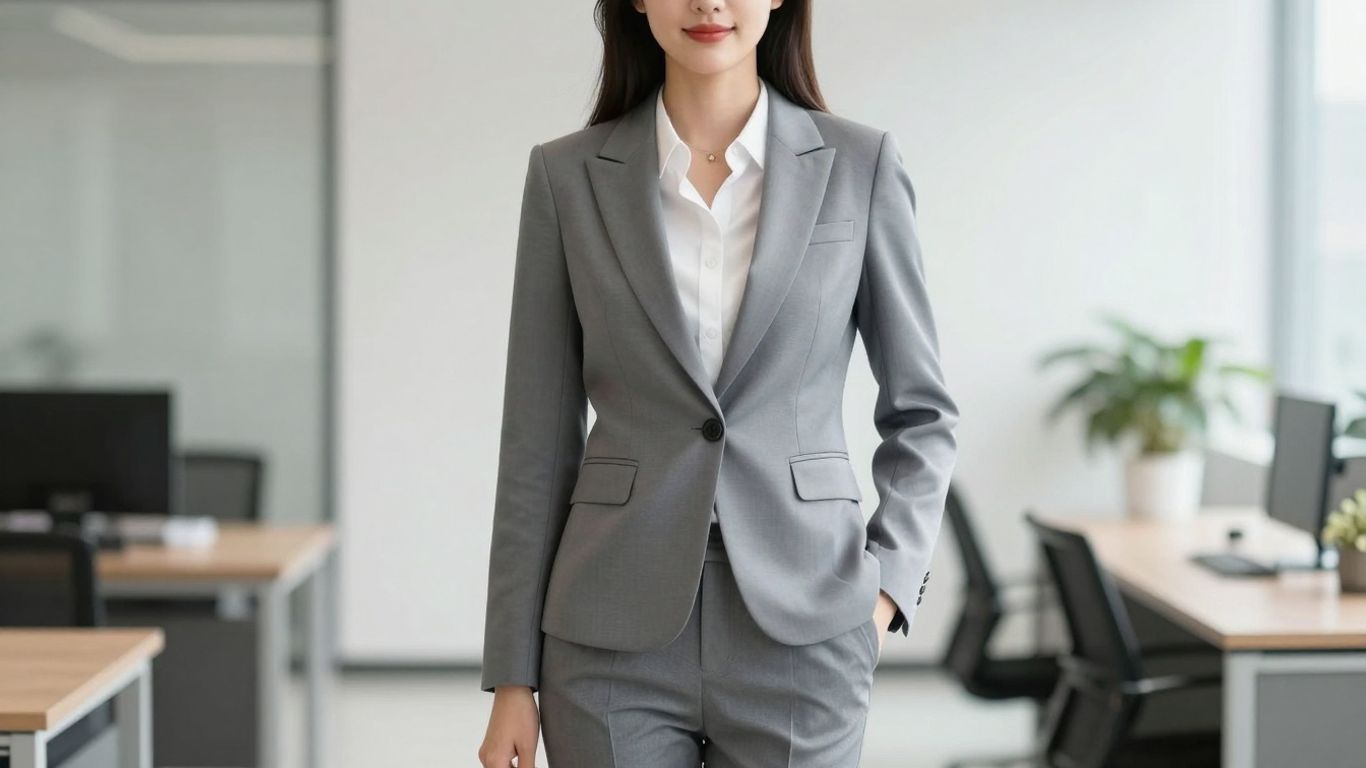 Vrouw in nette kleding voor sollicitatiegesprek.