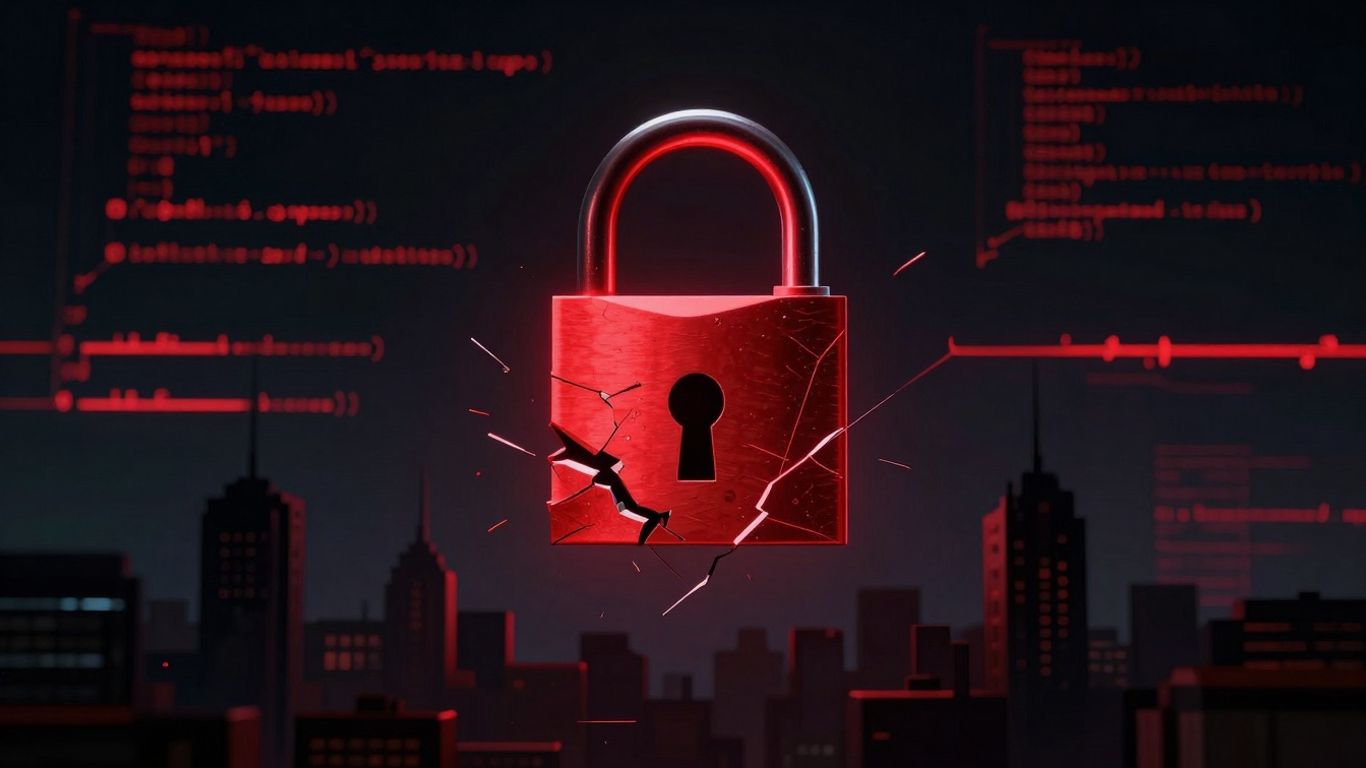 Broken padlock over city skyline, digital threat.