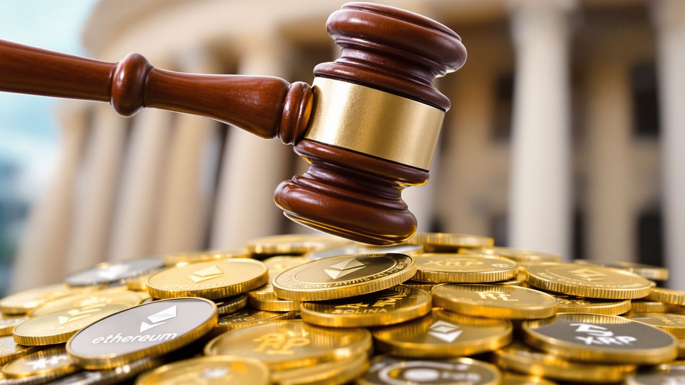 Gavel striking digital coins with crypto symbols.