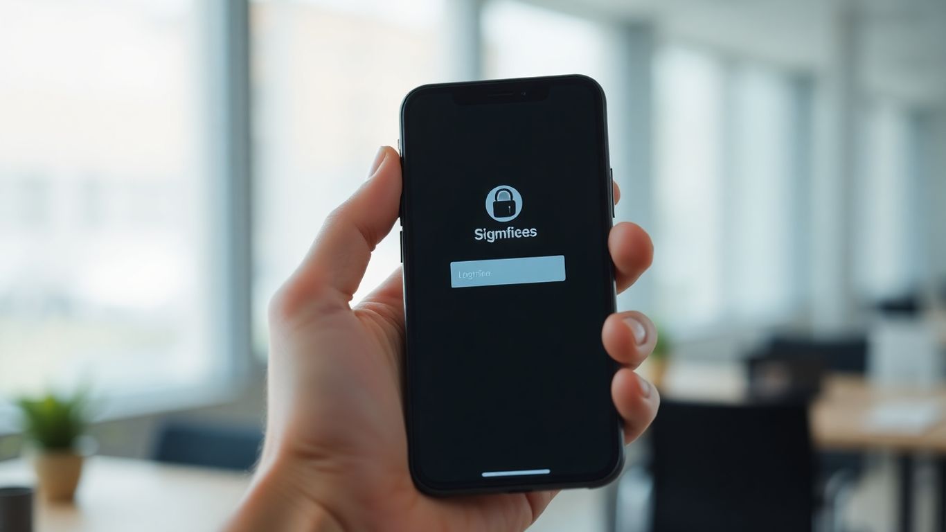 Hand holding phone with simplified login screen.