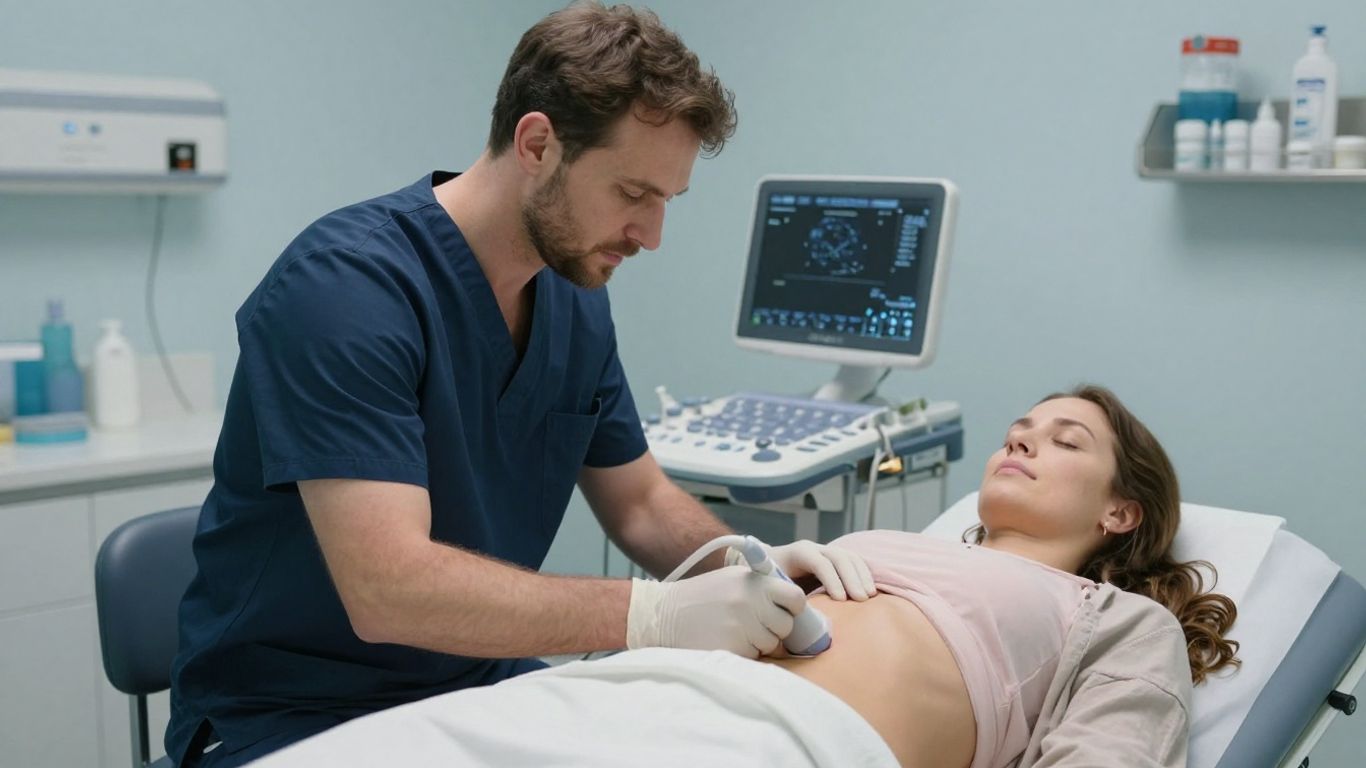 Médico examinando paciente com ultrassom para diagnóstico de SOP.