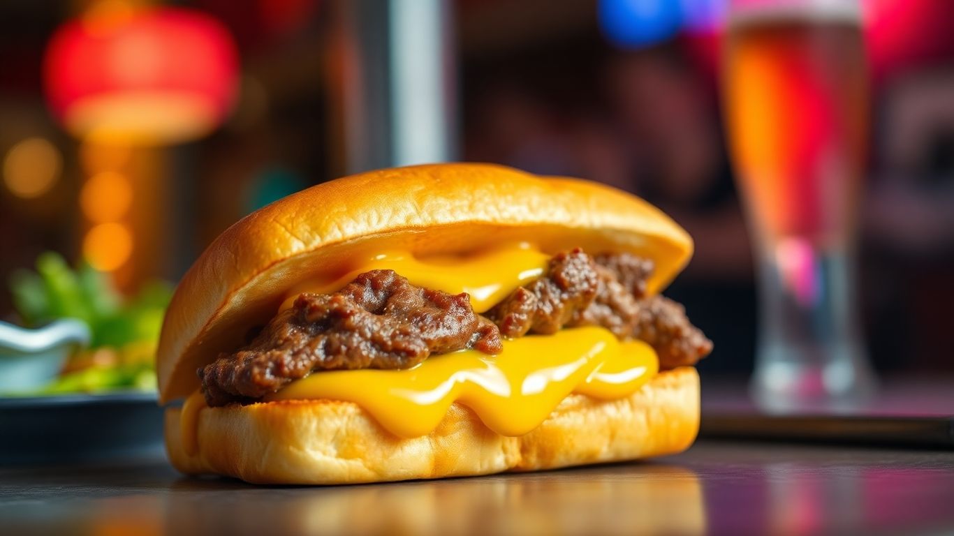 Steak-umm sandwich with melted cheese, close-up shot.