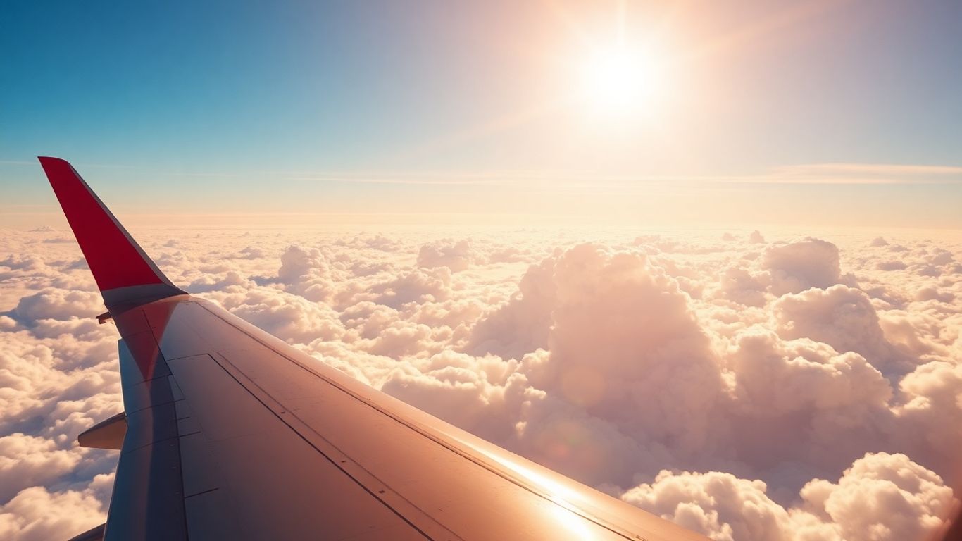 Airplane wing flying above clouds, hinting at global travel deals.