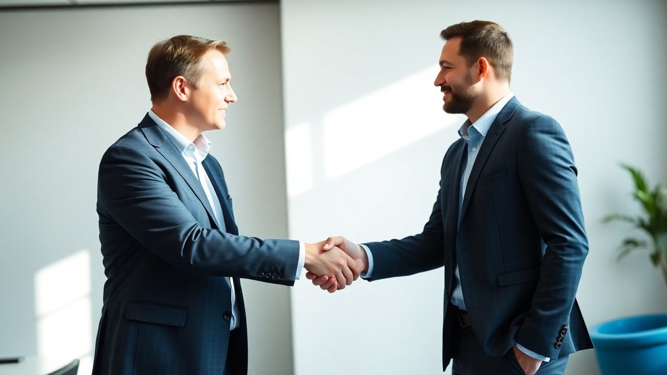 Händeschütteln zwischen zwei Geschäftspartnern im Büro.