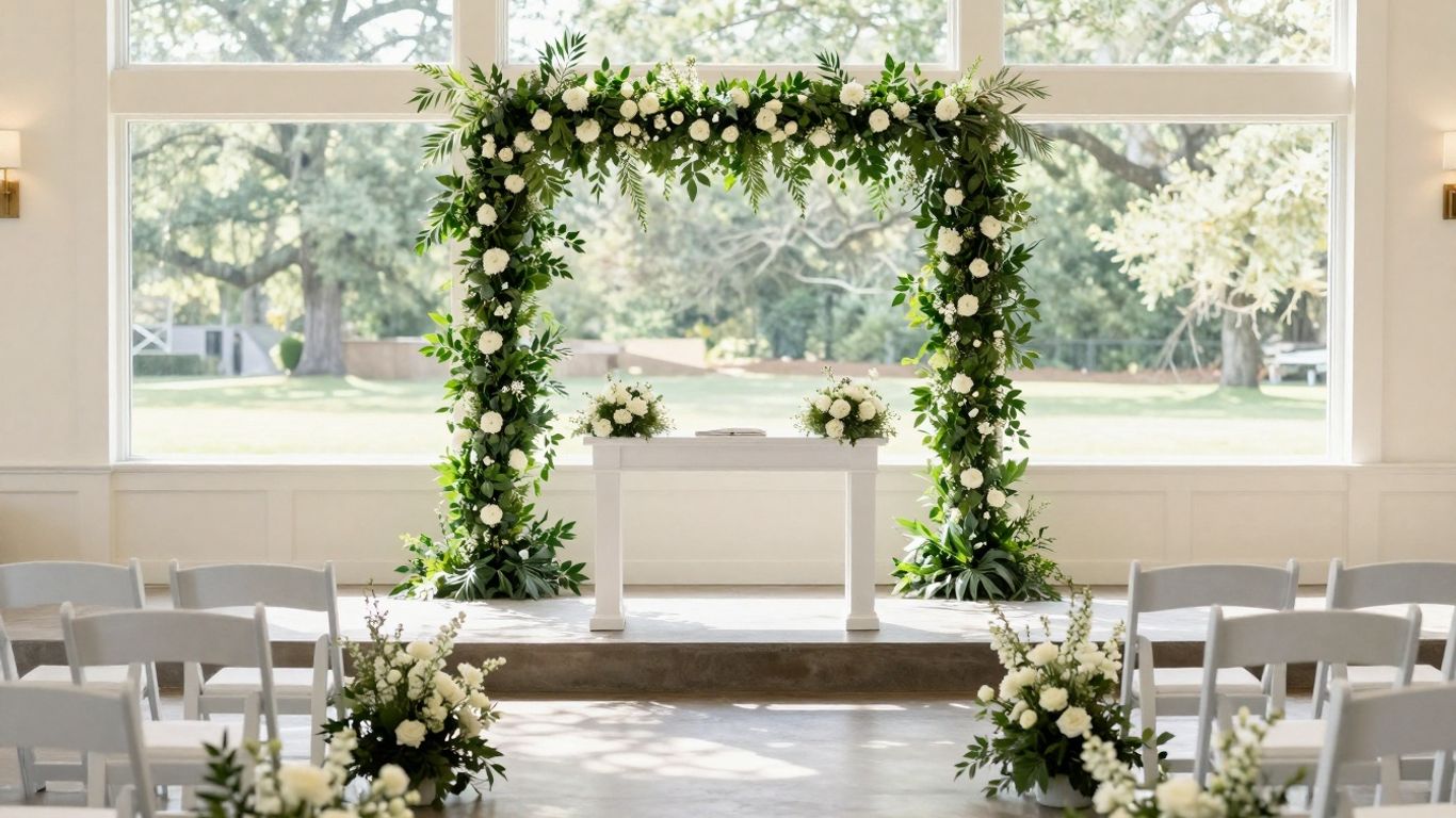 Elegant Dallas wedding ceremony with floral altar and white chairs.