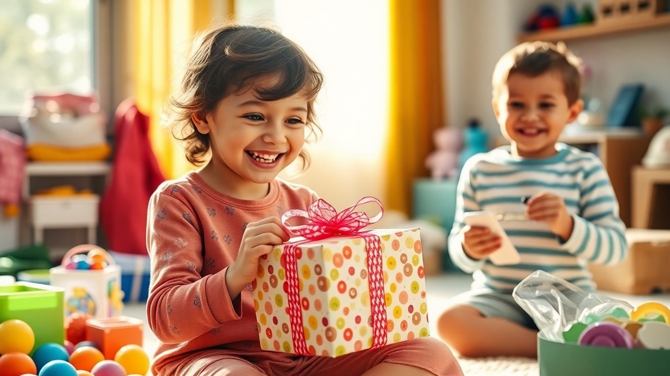 Child happily receiving a practical birthday gift.