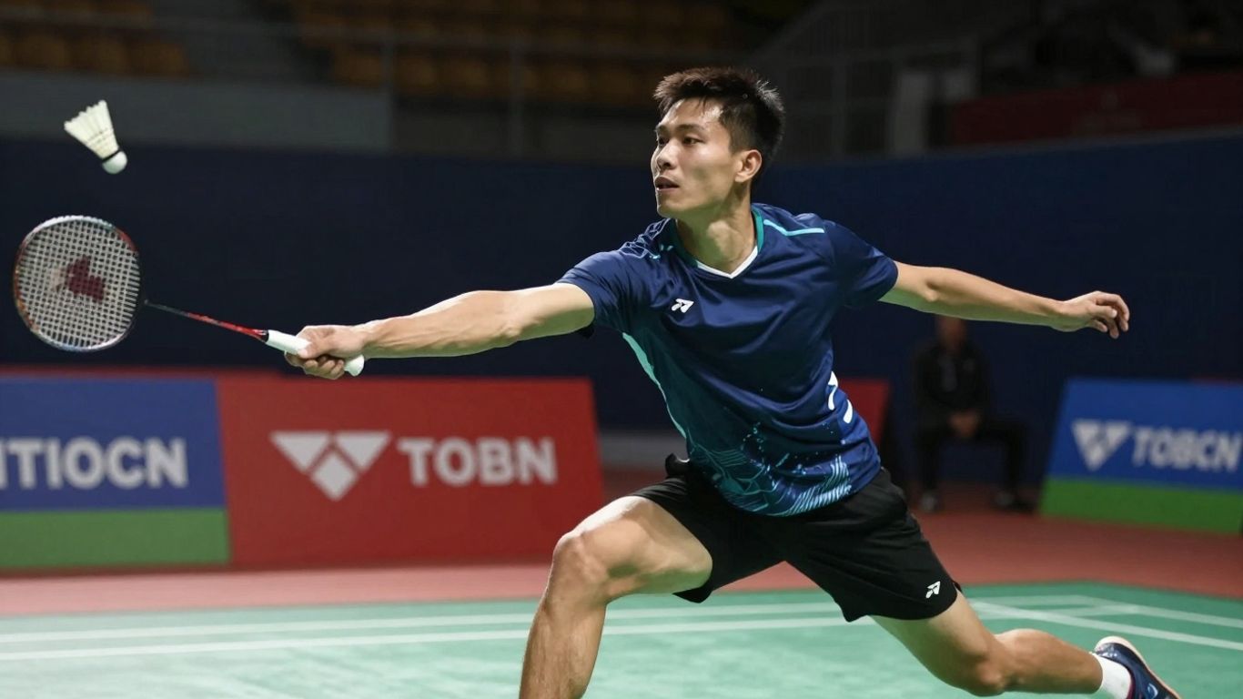 Badminton player hitting shuttlecock on court