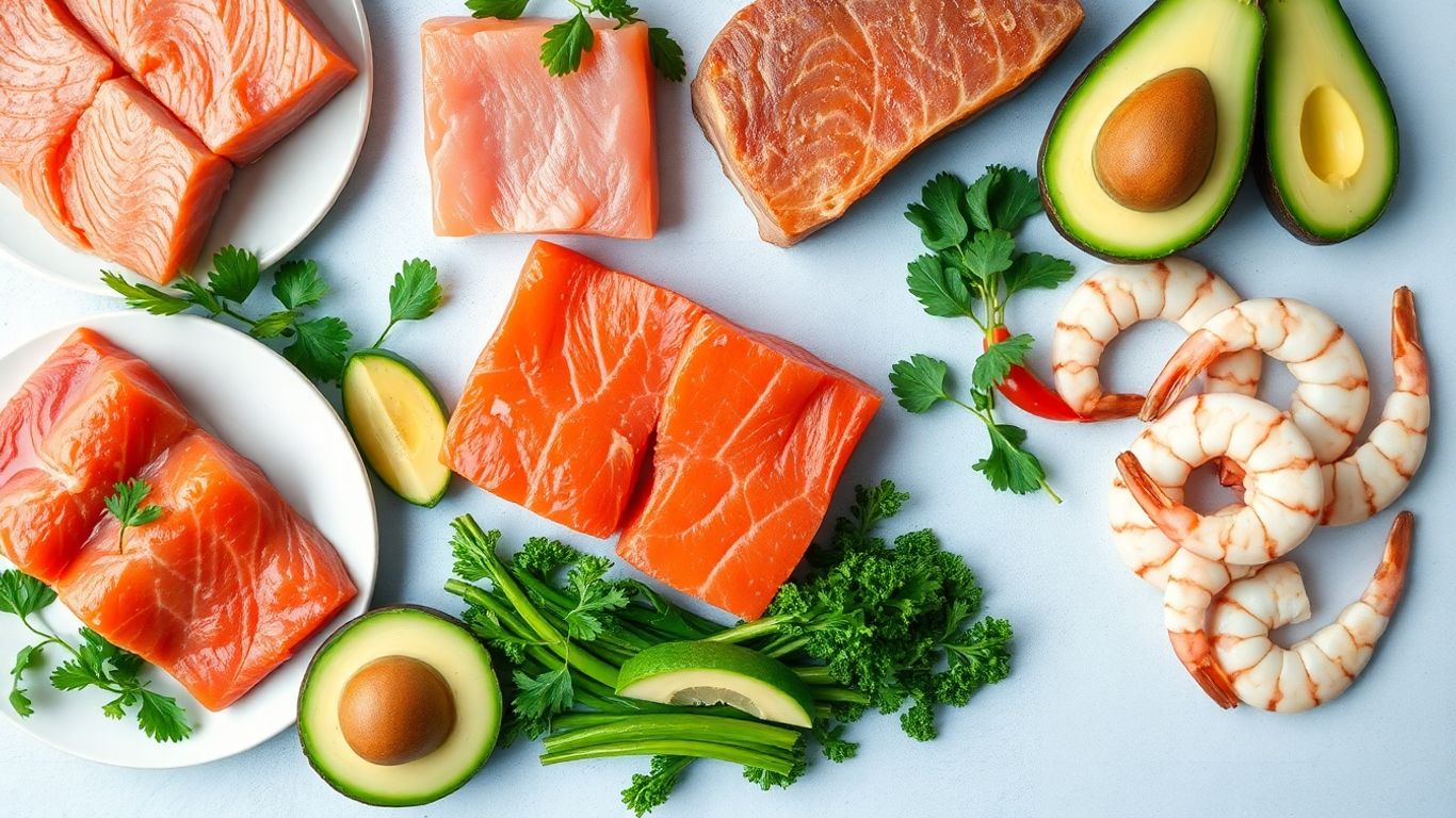 Keto protein sources with vegetables and avocado.