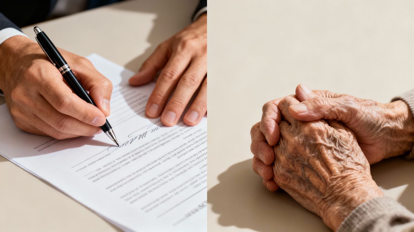 Two hands signing a document and two hands clasped.
