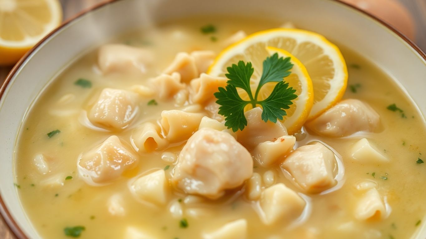 Bowl of lemon chicken orzo soup with parsley and lemon.