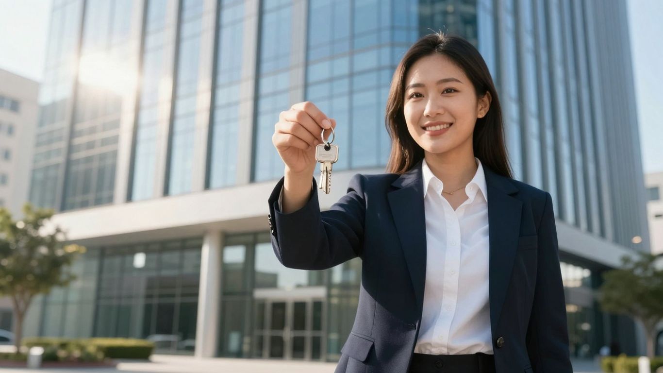 California real estate agent with keys in front of office building.
