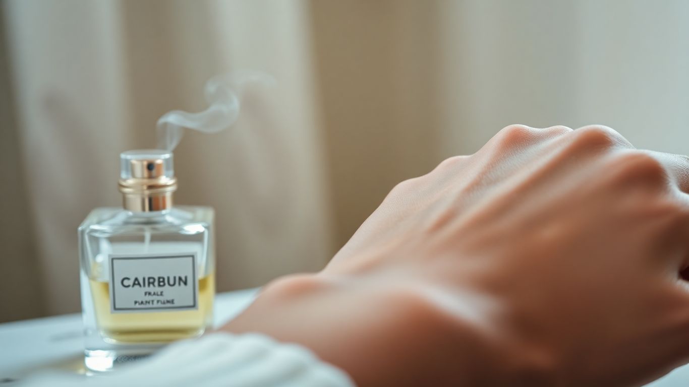 Perfume bottle and wrist with scent mist.