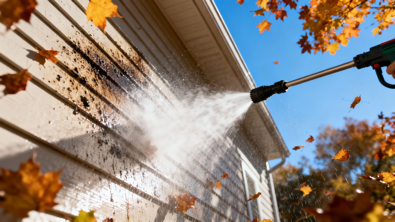 Pressure washing a house before winter.