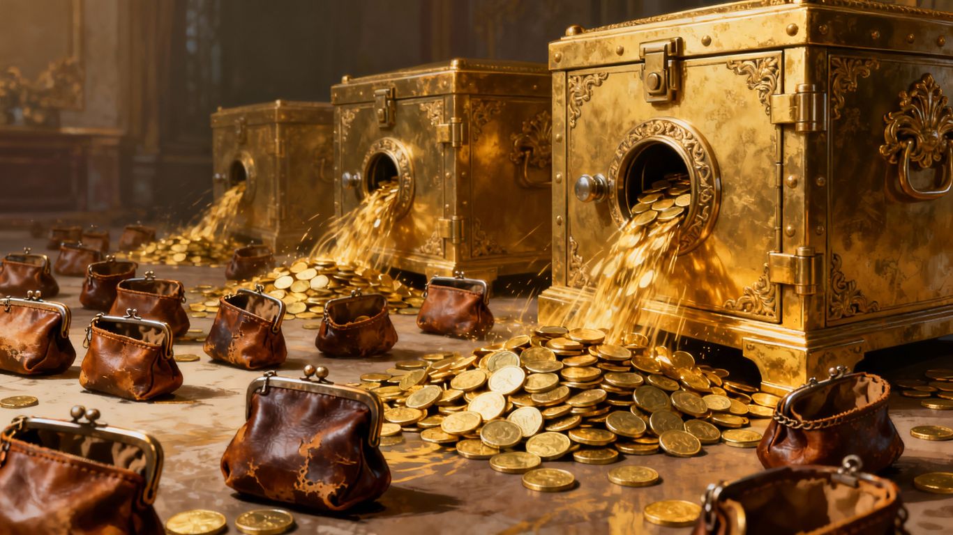 Large vaults receiving gold coins from small coin purses.